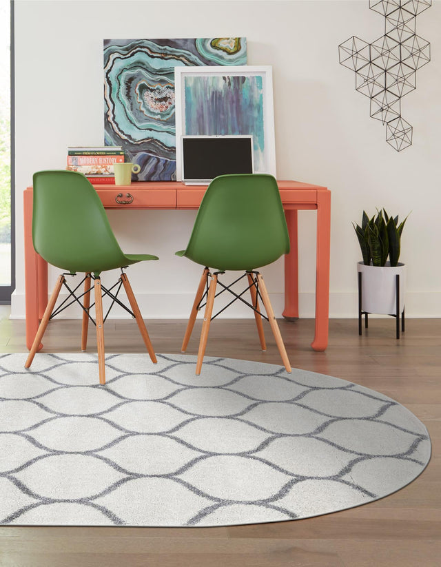 Ivory 4' 1 x 6' 1 Trellis Frieze Oval Area Rug Geometric Modern Unique Stain Resistant Easy Clean Carpet for Living, Dining, Bedrooms, Office for Sale at Rug Engine