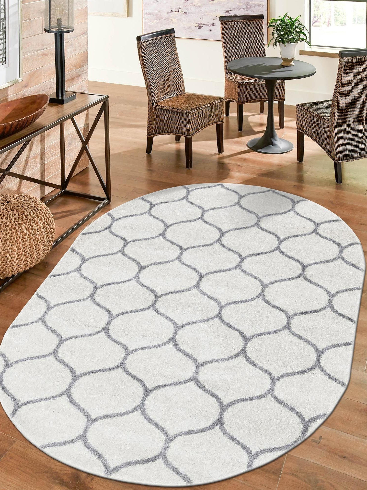 Ivory 4' 1 x 6' 1 Trellis Frieze Oval Area Rug Geometric Modern Unique Stain Resistant Easy Clean Carpet for Living, Dining, Bedrooms, Office for Sale at Rug Engine