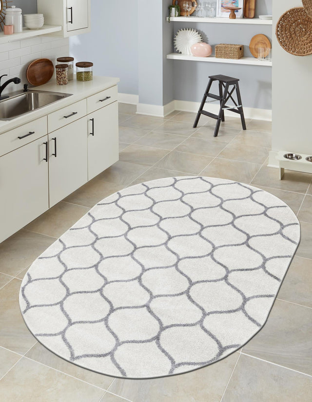 Ivory 4' 1 x 6' 1 Trellis Frieze Oval Area Rug Geometric Modern Unique Stain Resistant Easy Clean Carpet for Living, Dining, Bedrooms, Office for Sale at Rug Engine