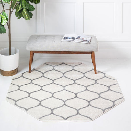 Ivory 7' 10 x 7' 10 Trellis Frieze Octagon Area Rug Geometric Modern Unique Stain Resistant Easy Clean Carpet for Living, Dining, Bedrooms, Office for Sale at Rug Engine