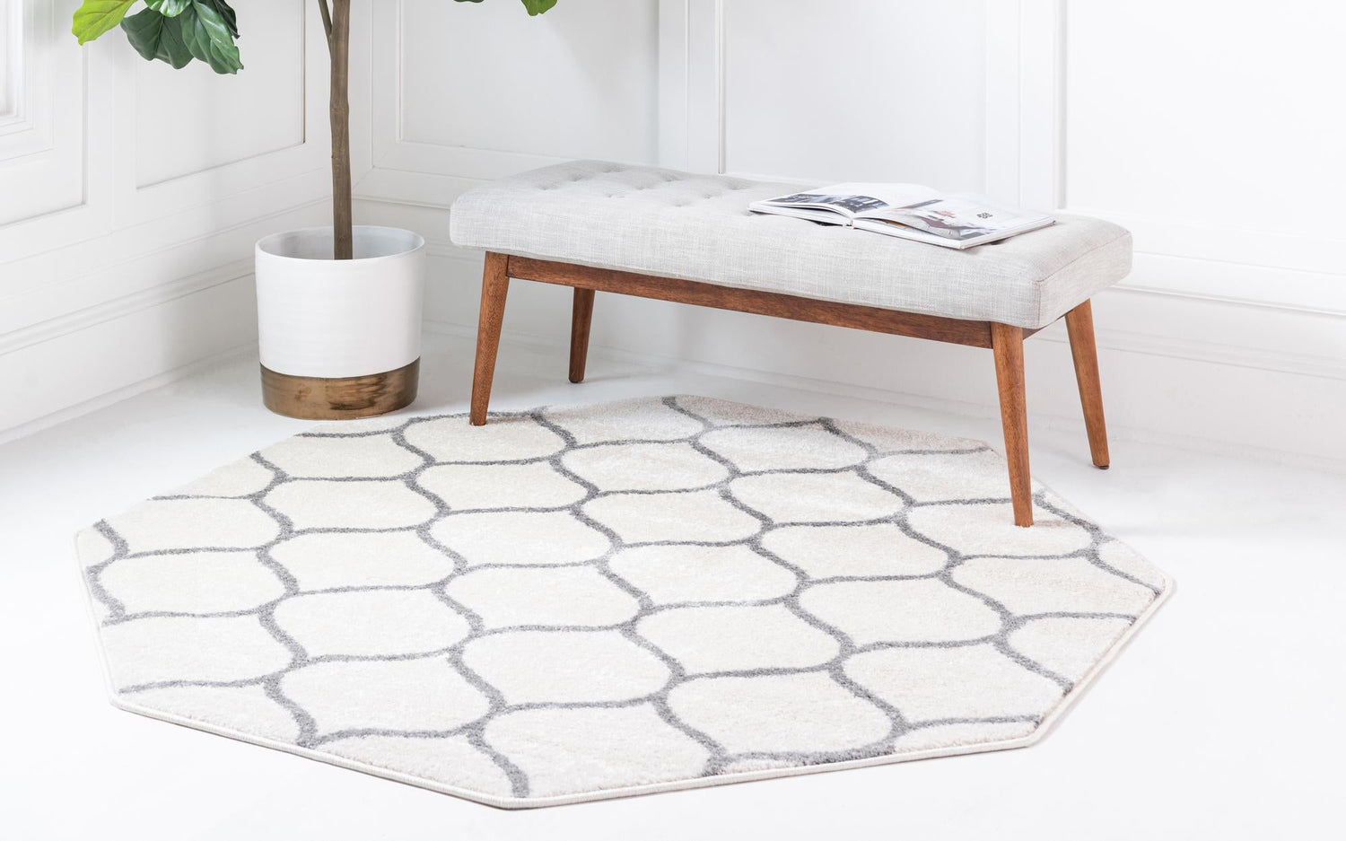 Ivory 7' 10 x 7' 10 Trellis Frieze Octagon Area Rug Geometric Modern Unique Stain Resistant Easy Clean Carpet for Living, Dining, Bedrooms, Office for Sale at Rug Engine