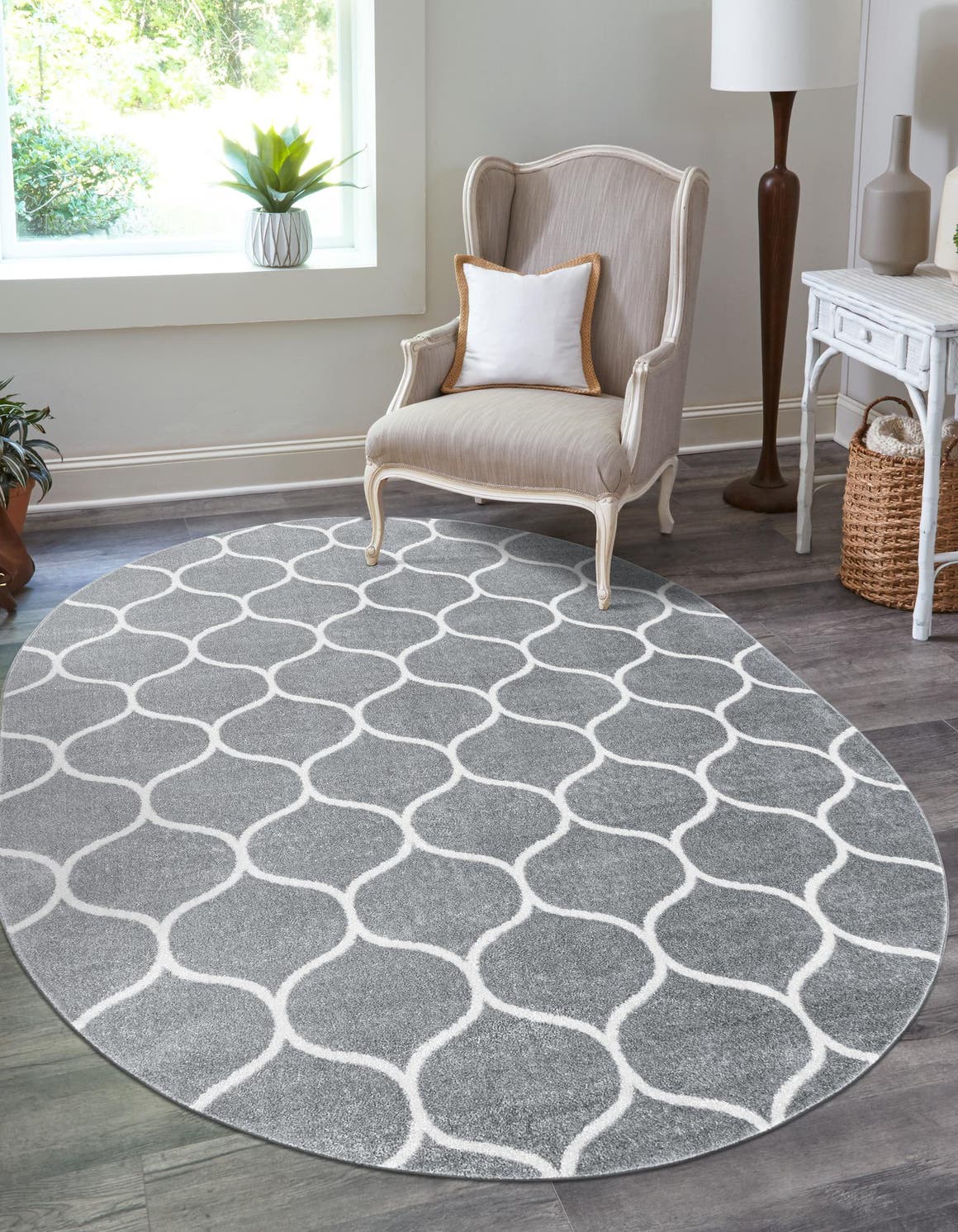 Light Gray 4' 1 x 6' 1 Trellis Frieze Oval Area Rug Geometric Modern Unique Stain Resistant Easy Clean Carpet for Living, Dining, Bedrooms, Office for Sale at Rug Engine