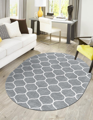 Light Gray 4' 1 x 6' 1 Trellis Frieze Oval Area Rug Geometric Modern Unique Stain Resistant Easy Clean Carpet for Living, Dining, Bedrooms, Office for Sale at Rug Engine
