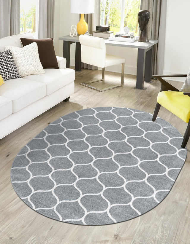 Light Gray 4' 1 x 6' 1 Trellis Frieze Oval Area Rug Geometric Modern Unique Stain Resistant Easy Clean Carpet for Living, Dining, Bedrooms, Office for Sale at Rug Engine