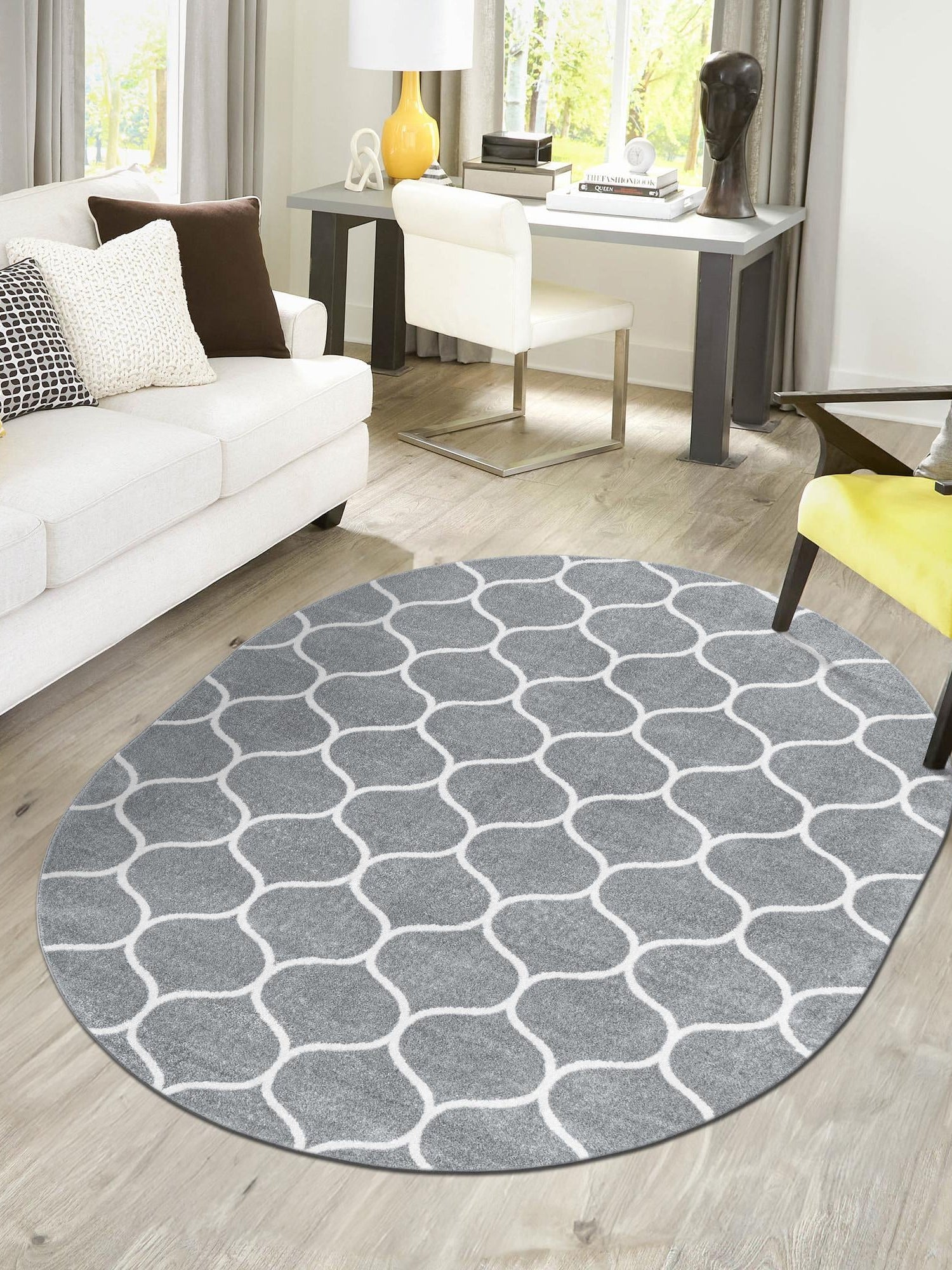 Light Gray 7' 10 x 10' Trellis Frieze Oval Area Rug Geometric Modern Unique Stain Resistant Easy Clean Carpet for Living, Dining, Bedrooms, Office for Sale at Rug Engine