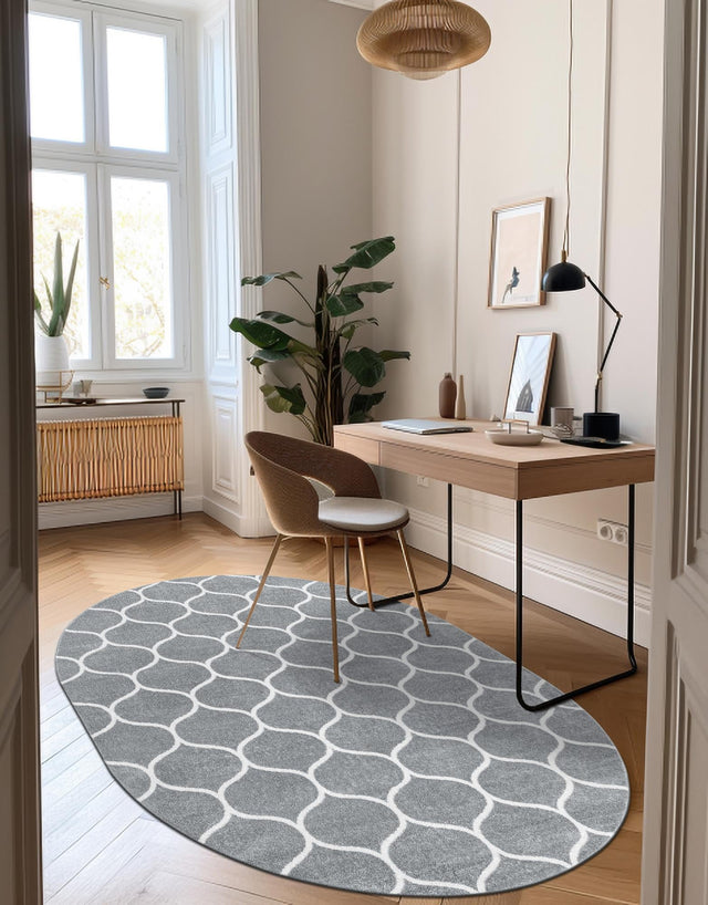 Light Gray 4' 1 x 6' 1 Trellis Frieze Oval Area Rug Geometric Modern Unique Stain Resistant Easy Clean Carpet for Living, Dining, Bedrooms, Office for Sale at Rug Engine