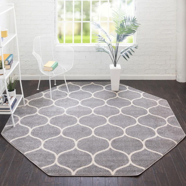 Light Gray 5' 3 x 5' 3 Trellis Frieze Octagon Area Rug Geometric Modern Unique Stain Resistant Easy Clean Carpet for Living, Dining, Bedrooms, Office for Sale at Rug Engine