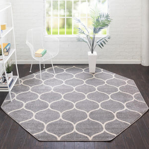 Light Gray 7' 10 x 7' 10 Trellis Frieze Octagon Area Rug Geometric Modern Unique Stain Resistant Easy Clean Carpet for Living, Dining, Bedrooms, Office for Sale at Rug Engine