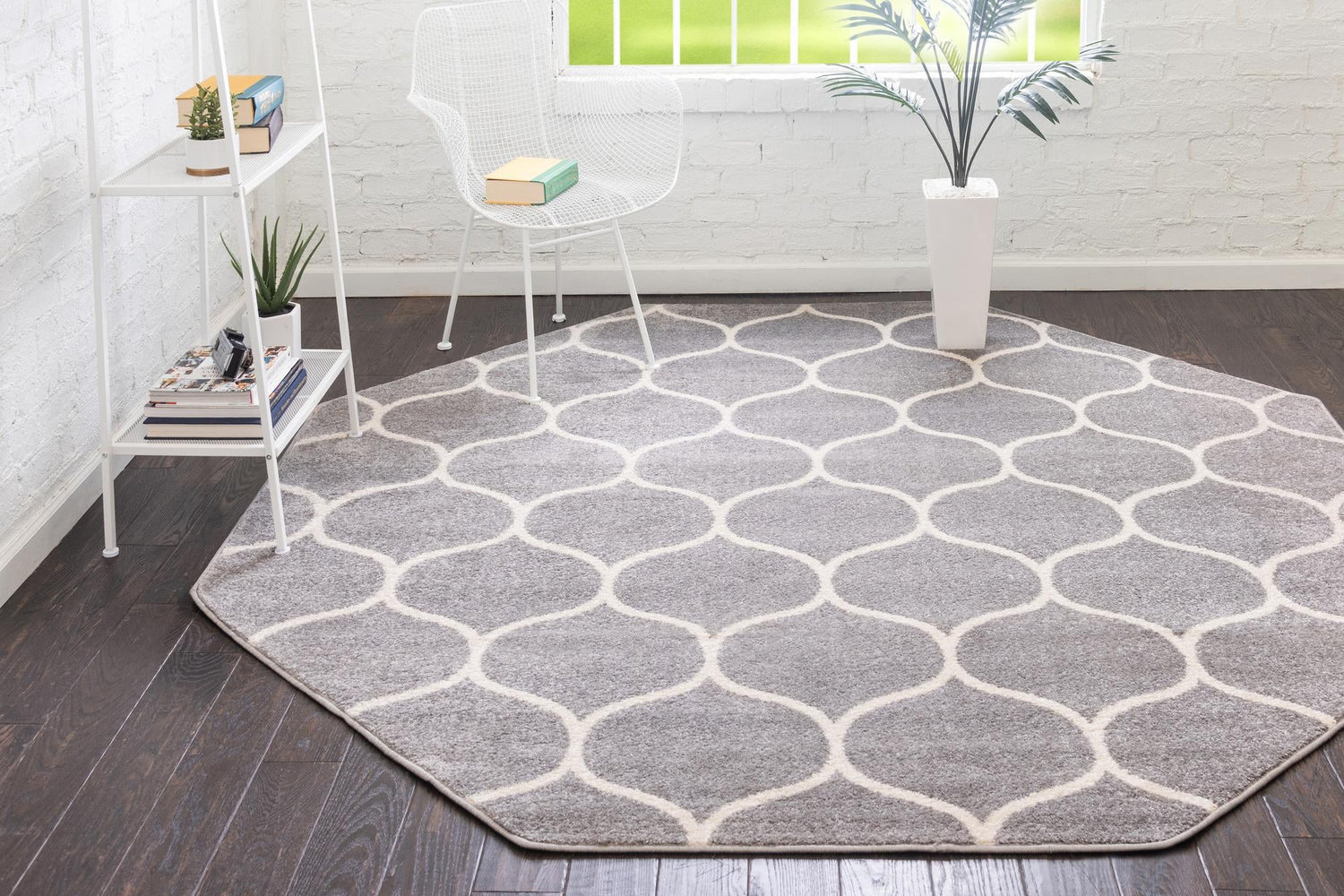 Light Gray 5' 3 x 5' 3 Trellis Frieze Octagon Area Rug Geometric Modern Unique Stain Resistant Easy Clean Carpet for Living, Dining, Bedrooms, Office for Sale at Rug Engine