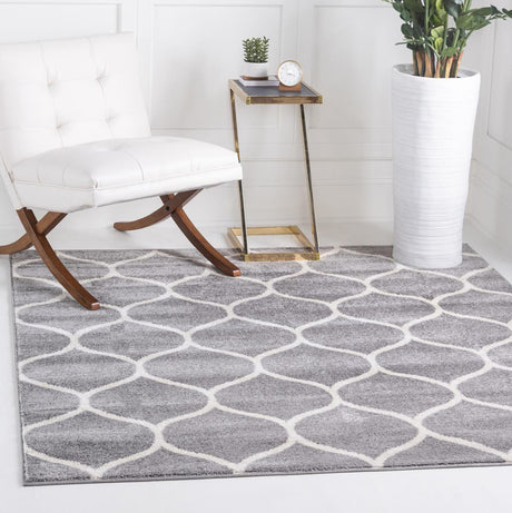 Light Gray 7' 10 x 7' 10 Trellis Frieze Square Area Rug Geometric Modern Unique Stain Resistant Easy Clean Carpet for Living, Dining, Bedrooms, Office for Sale at Rug Engine
