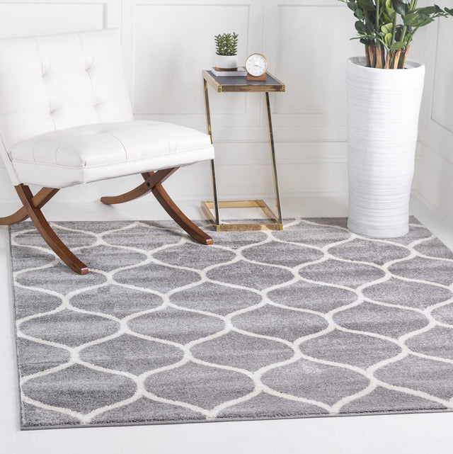 Light Gray 7' 10 x 7' 10 Trellis Frieze Square Area Rug Geometric Modern Unique Stain Resistant Easy Clean Carpet for Living, Dining, Bedrooms, Office for Sale at Rug Engine