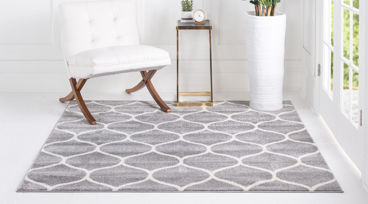 Light Gray 7' 10 x 7' 10 Trellis Frieze Square Area Rug Geometric Modern Unique Stain Resistant Easy Clean Carpet for Living, Dining, Bedrooms, Office for Sale at Rug Engine