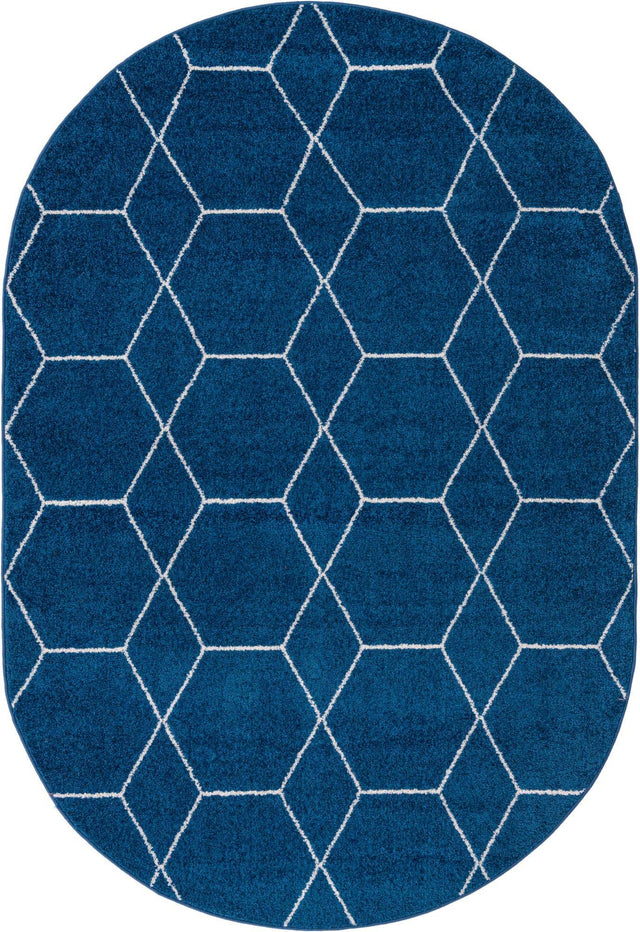 Navy Blue 4' 1 x 6' 1 Trellis Frieze Oval Area Rug Geometric Modern Unique Stain Resistant Easy Clean Carpet for Living, Dining, Bedrooms, Office for Sale at Rug Engine
