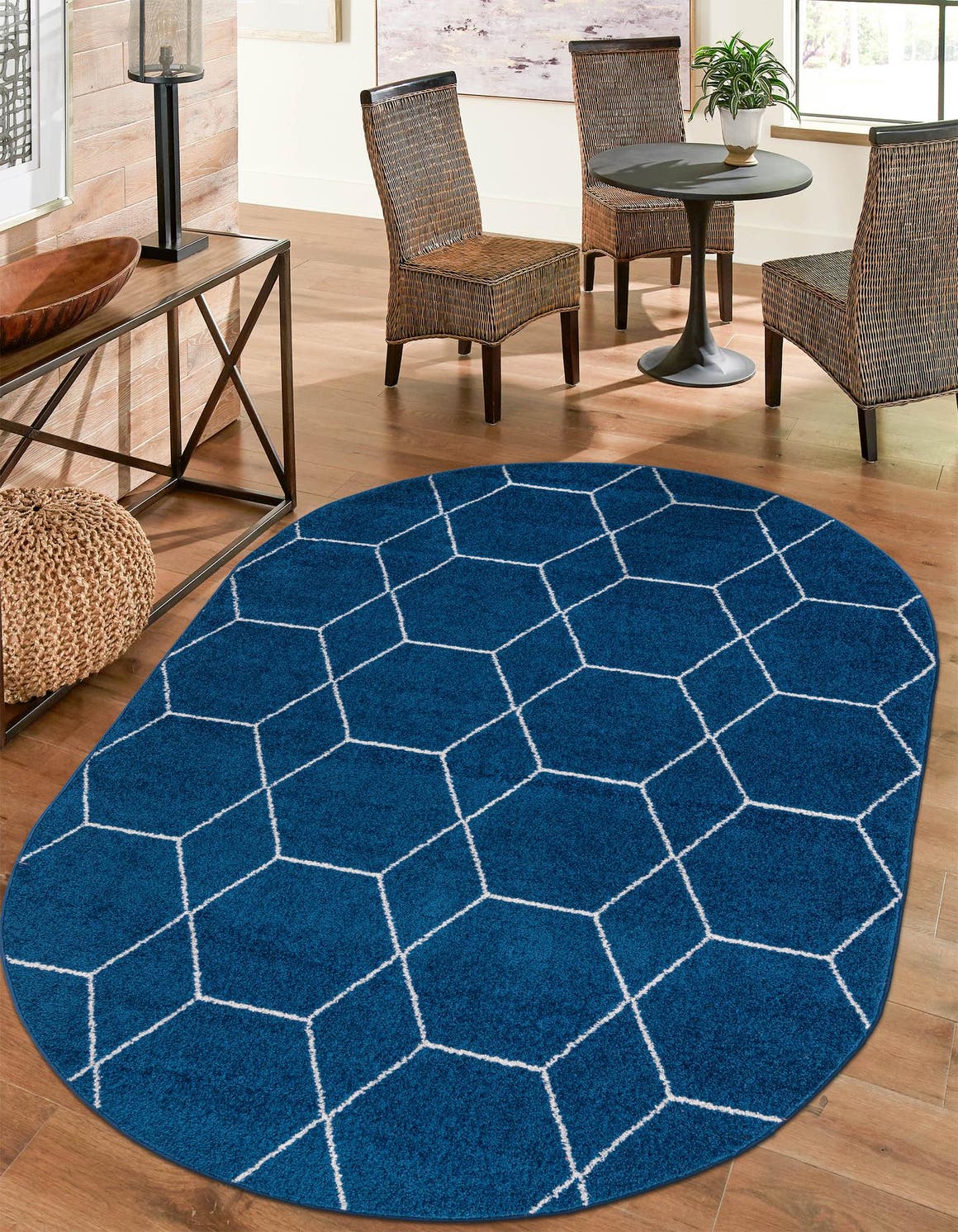 Navy Blue 3' 1 x 5' 3 Trellis Frieze Oval Area Rug Geometric Modern Unique Stain Resistant Easy Clean Carpet for Living, Dining, Bedrooms, Office for Sale at Rug Engine