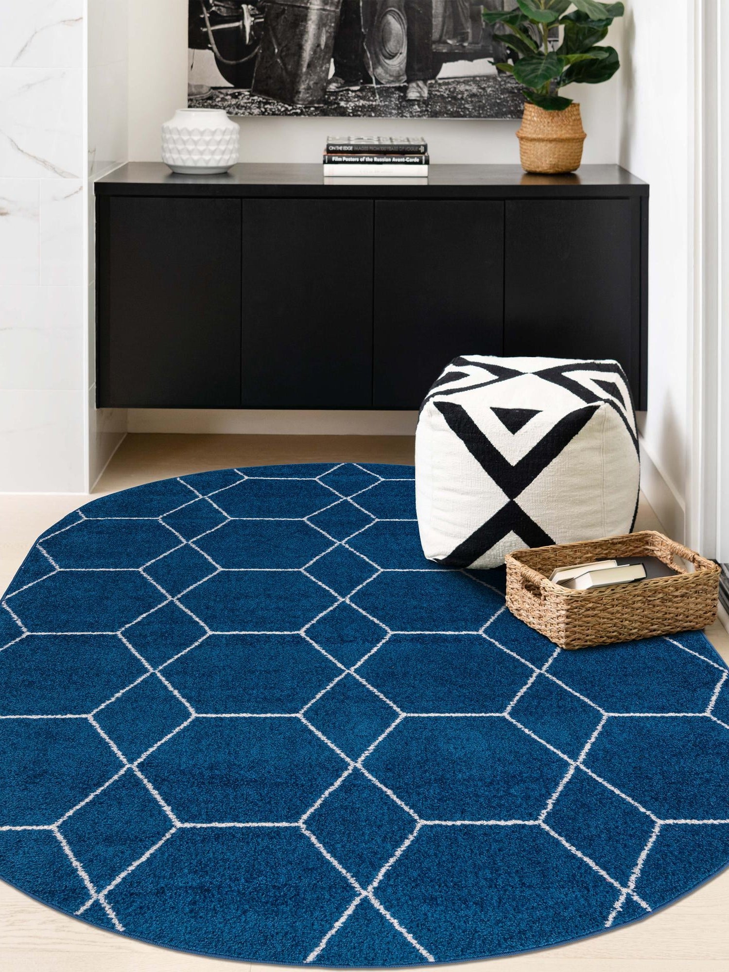 Navy Blue 4' 1 x 6' 1 Trellis Frieze Oval Area Rug Geometric Modern Unique Stain Resistant Easy Clean Carpet for Living, Dining, Bedrooms, Office for Sale at Rug Engine
