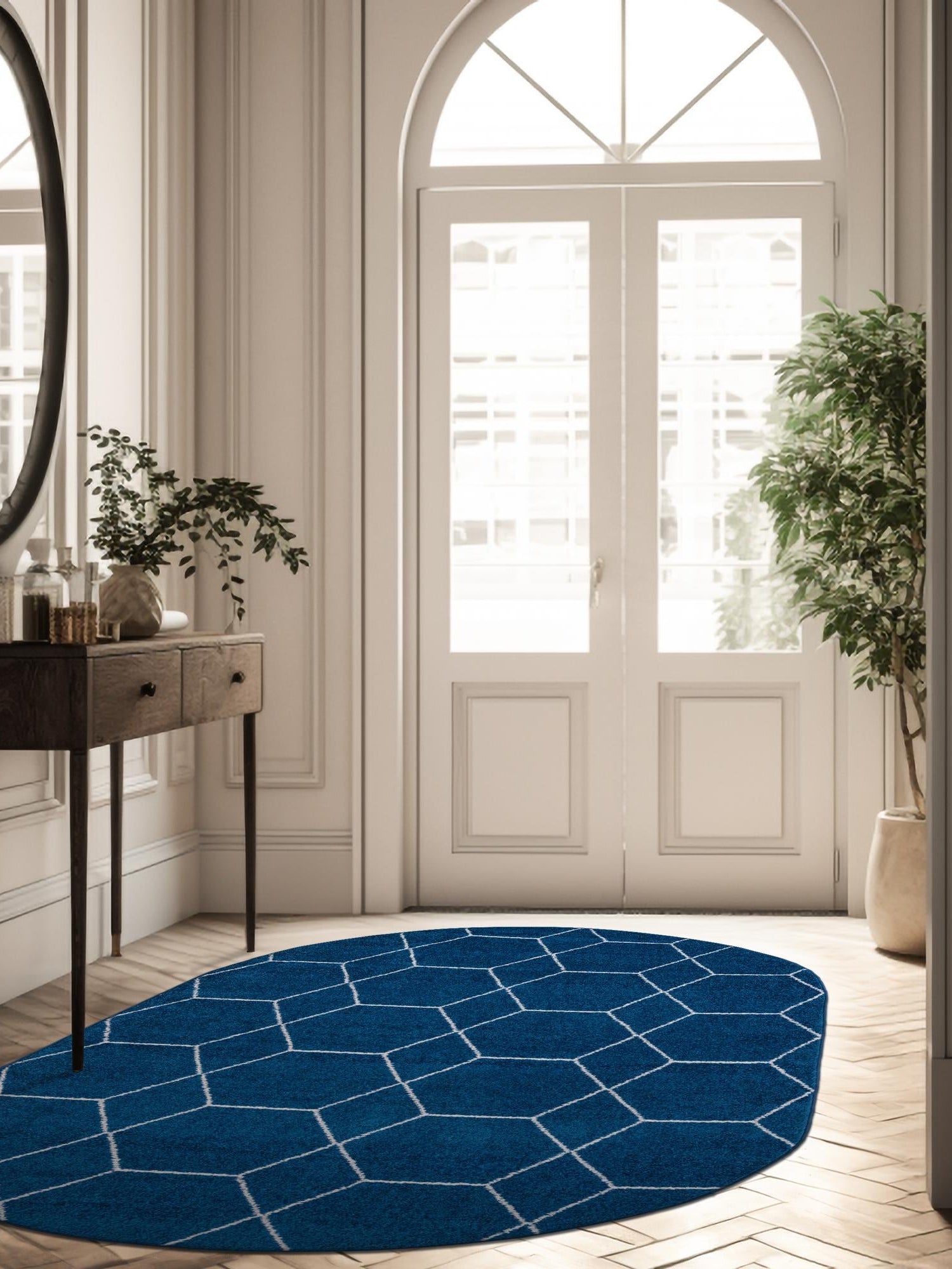 Navy Blue 3' 1 x 5' 3 Trellis Frieze Oval Area Rug Geometric Modern Unique Stain Resistant Easy Clean Carpet for Living, Dining, Bedrooms, Office for Sale at Rug Engine