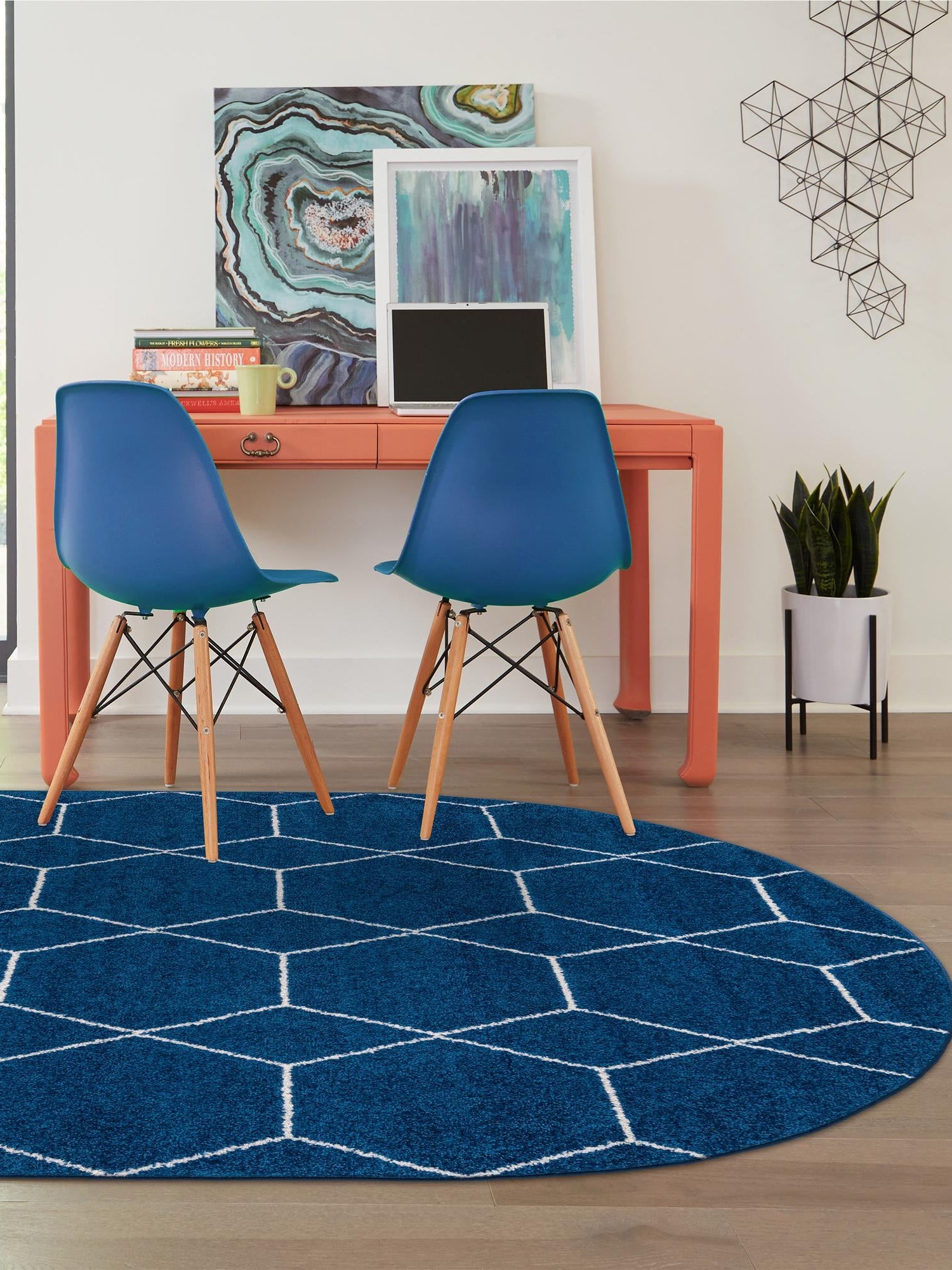 Navy Blue 3' 1 x 5' 3 Trellis Frieze Oval Area Rug Geometric Modern Unique Stain Resistant Easy Clean Carpet for Living, Dining, Bedrooms, Office for Sale at Rug Engine