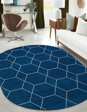 Navy Blue 4' 1 x 6' 1 Trellis Frieze Oval Area Rug Geometric Modern Unique Stain Resistant Easy Clean Carpet for Living, Dining, Bedrooms, Office for Sale at Rug Engine