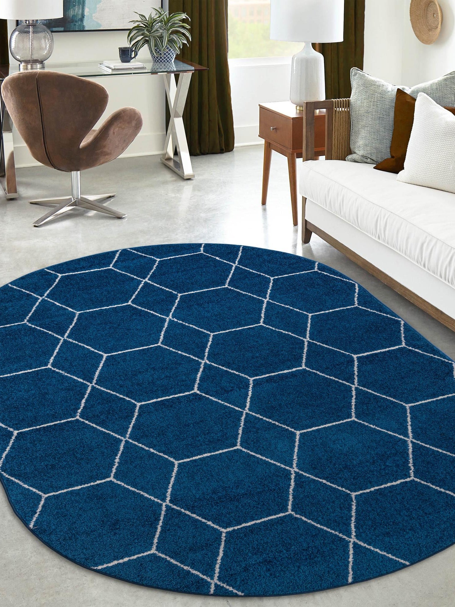 Navy Blue 3' 1 x 5' 3 Trellis Frieze Oval Area Rug Geometric Modern Unique Stain Resistant Easy Clean Carpet for Living, Dining, Bedrooms, Office for Sale at Rug Engine
