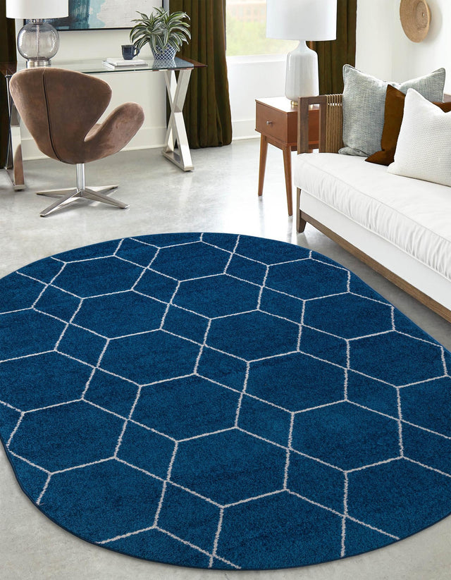 Navy Blue 3' 1 x 5' 3 Trellis Frieze Oval Area Rug Geometric Modern Unique Stain Resistant Easy Clean Carpet for Living, Dining, Bedrooms, Office for Sale at Rug Engine