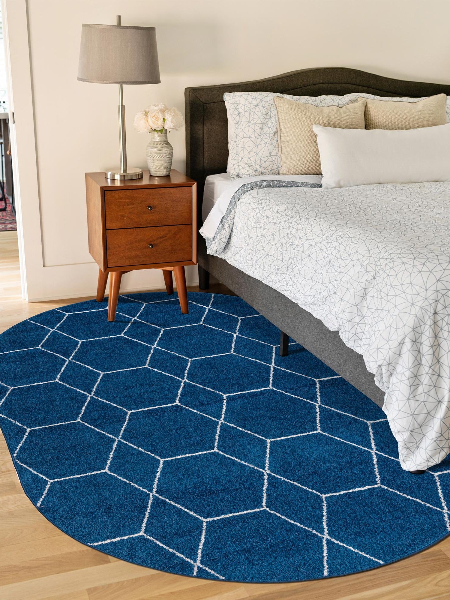 Navy Blue 3' 1 x 5' 3 Trellis Frieze Oval Area Rug Geometric Modern Unique Stain Resistant Easy Clean Carpet for Living, Dining, Bedrooms, Office for Sale at Rug Engine