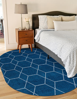 Navy Blue 4' 1 x 6' 1 Trellis Frieze Oval Area Rug Geometric Modern Unique Stain Resistant Easy Clean Carpet for Living, Dining, Bedrooms, Office for Sale at Rug Engine