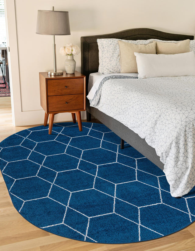 Navy Blue 4' 1 x 6' 1 Trellis Frieze Oval Area Rug Geometric Modern Unique Stain Resistant Easy Clean Carpet for Living, Dining, Bedrooms, Office for Sale at Rug Engine