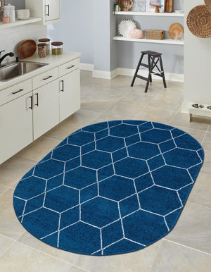 Navy Blue 3' 1 x 5' 3 Trellis Frieze Oval Area Rug Geometric Modern Unique Stain Resistant Easy Clean Carpet for Living, Dining, Bedrooms, Office for Sale at Rug Engine