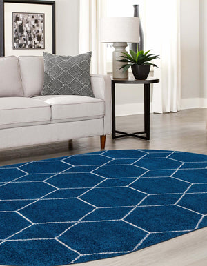 Navy Blue 3' 1 x 5' 3 Trellis Frieze Oval Area Rug Geometric Modern Unique Stain Resistant Easy Clean Carpet for Living, Dining, Bedrooms, Office for Sale at Rug Engine