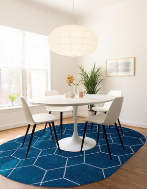 Navy Blue 3' 1 x 5' 3 Trellis Frieze Oval Area Rug Geometric Modern Unique Stain Resistant Easy Clean Carpet for Living, Dining, Bedrooms, Office for Sale at Rug Engine