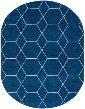 Navy Blue 7' 10 x 10' Trellis Frieze Oval Area Rug Geometric Modern Unique Stain Resistant Easy Clean Carpet for Living, Dining, Bedrooms, Office for Sale at Rug Engine