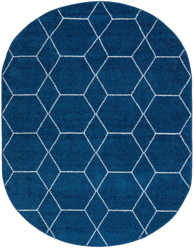 Navy Blue 7' 10 x 10' Trellis Frieze Oval Area Rug Geometric Modern Unique Stain Resistant Easy Clean Carpet for Living, Dining, Bedrooms, Office for Sale at Rug Engine