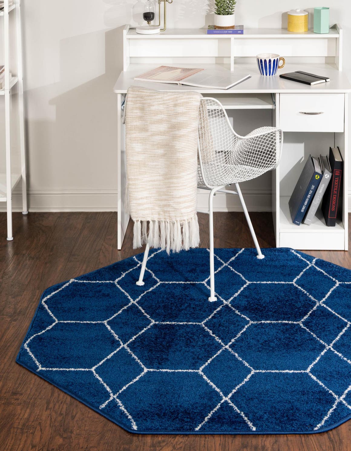 Navy Blue 5' 3 x 5' 3 Trellis Frieze Octagon Area Rug Geometric Modern Unique Stain Resistant Easy Clean Carpet for Living, Dining, Bedrooms, Office for Sale at Rug Engine