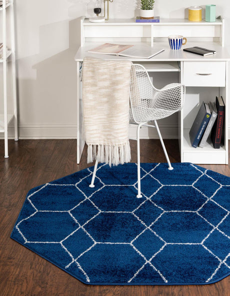 Navy Blue 5' 3 x 5' 3 Trellis Frieze Octagon Area Rug Geometric Modern Unique Stain Resistant Easy Clean Carpet for Living, Dining, Bedrooms, Office for Sale at Rug Engine