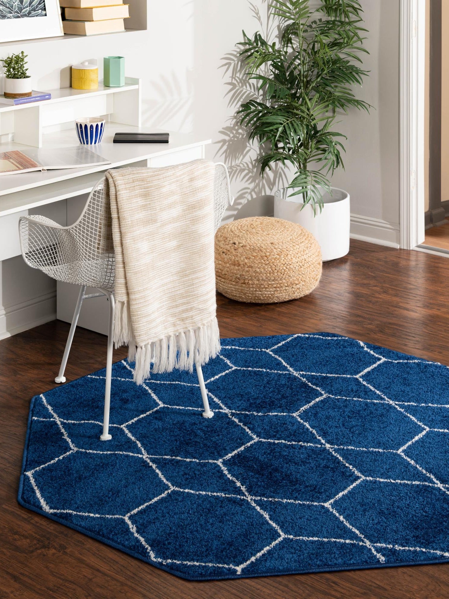 Navy Blue 5' 3 x 5' 3 Trellis Frieze Octagon Area Rug Geometric Modern Unique Stain Resistant Easy Clean Carpet for Living, Dining, Bedrooms, Office for Sale at Rug Engine