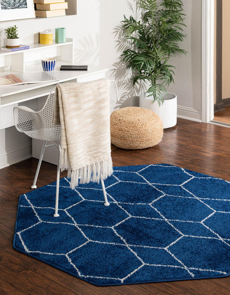 Navy Blue 5' 3 x 5' 3 Trellis Frieze Octagon Area Rug Geometric Modern Unique Stain Resistant Easy Clean Carpet for Living, Dining, Bedrooms, Office for Sale at Rug Engine