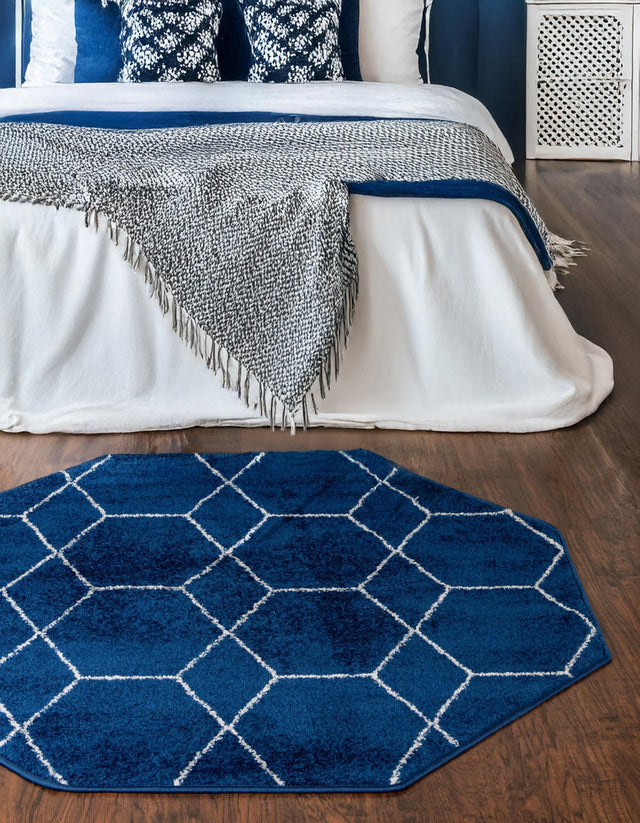Navy Blue 7' 10 x 7' 10 Trellis Frieze Octagon Area Rug Geometric Modern Unique Stain Resistant Easy Clean Carpet for Living, Dining, Bedrooms, Office for Sale at Rug Engine
