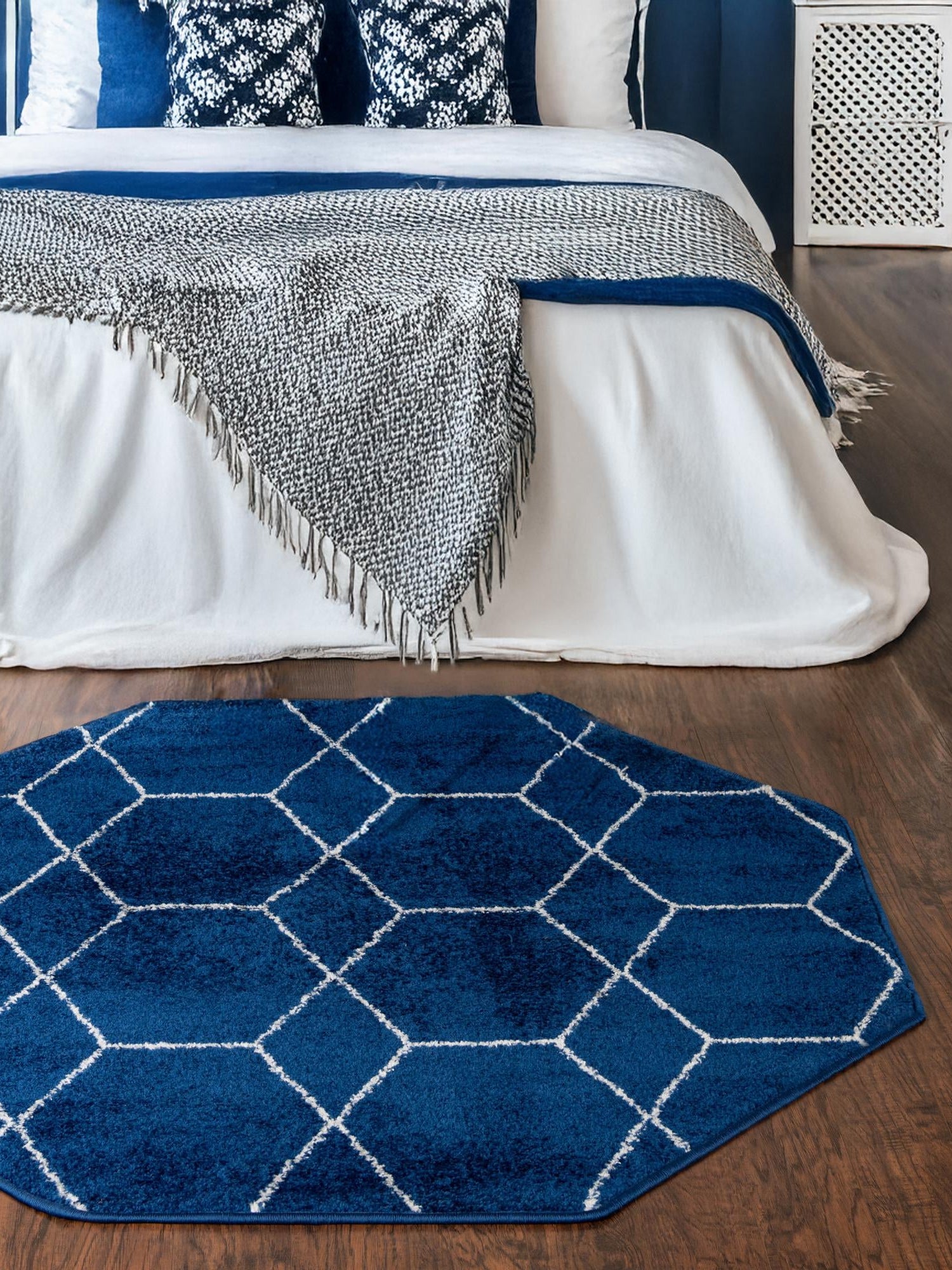 Navy Blue 5' 3 x 5' 3 Trellis Frieze Octagon Area Rug Geometric Modern Unique Stain Resistant Easy Clean Carpet for Living, Dining, Bedrooms, Office for Sale at Rug Engine
