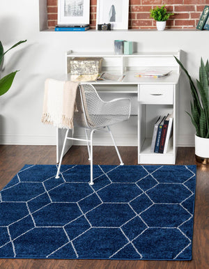 Navy Blue 4' 1 x 4' 1 Trellis Frieze Square Area Rug Geometric Modern Unique Stain Resistant Easy Clean Carpet for Living, Dining, Bedrooms, Office for Sale at Rug Engine