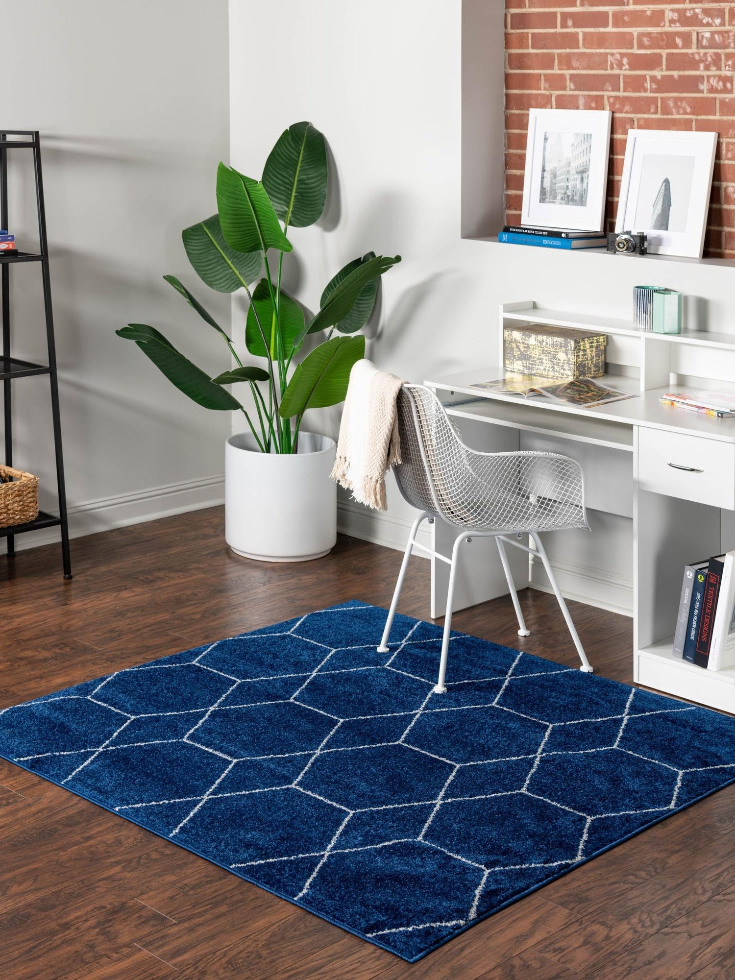 Navy Blue 7' 10 x 7' 10 Trellis Frieze Square Area Rug Geometric Modern Unique Stain Resistant Easy Clean Carpet for Living, Dining, Bedrooms, Office for Sale at Rug Engine