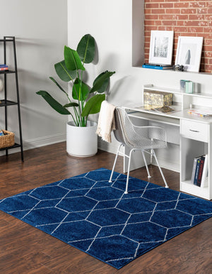 Navy Blue 5' 3 x 5' 3 Trellis Frieze Square Area Rug Geometric Modern Unique Stain Resistant Easy Clean Carpet for Living, Dining, Bedrooms, Office for Sale at Rug Engine