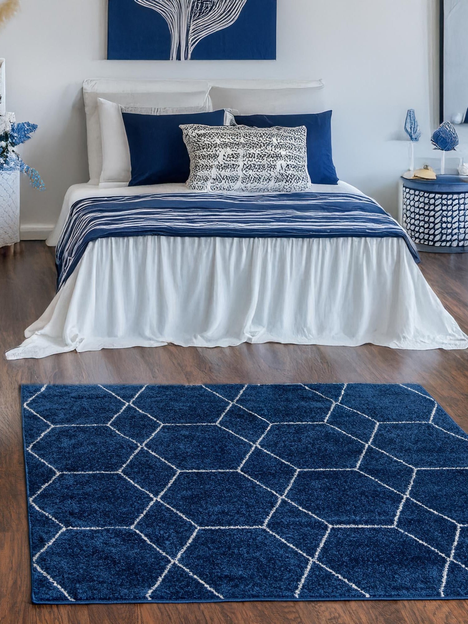 Navy Blue 6' 1 x 6' 1 Trellis Frieze Square Area Rug Geometric Modern Unique Stain Resistant Easy Clean Carpet for Living, Dining, Bedrooms, Office for Sale at Rug Engine