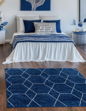 Navy Blue 6' 1 x 6' 1 Trellis Frieze Square Area Rug Geometric Modern Unique Stain Resistant Easy Clean Carpet for Living, Dining, Bedrooms, Office for Sale at Rug Engine