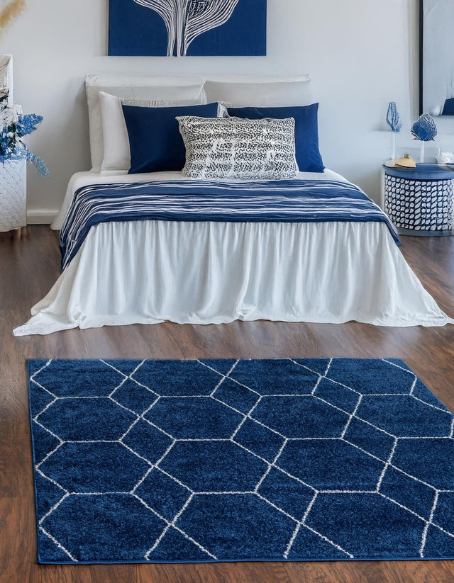 Navy Blue 4' 1 x 4' 1 Trellis Frieze Square Area Rug Geometric Modern Unique Stain Resistant Easy Clean Carpet for Living, Dining, Bedrooms, Office for Sale at Rug Engine