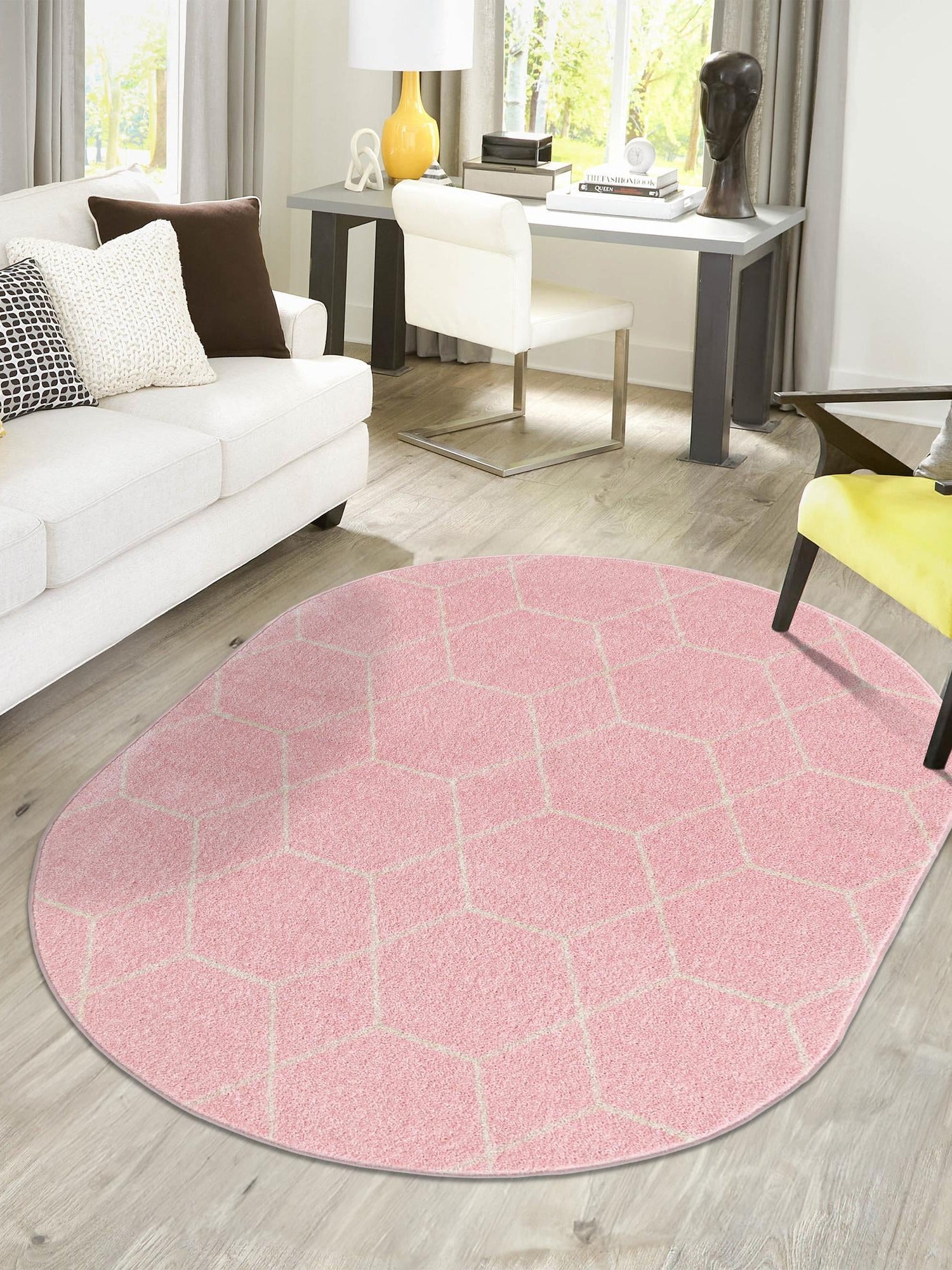Light Pink 3' 1 x 5' 3 Trellis Frieze Oval Area Rug Geometric Modern Unique Stain Resistant Easy Clean Carpet for Living, Dining, Bedrooms, Office for Sale at Rug Engine