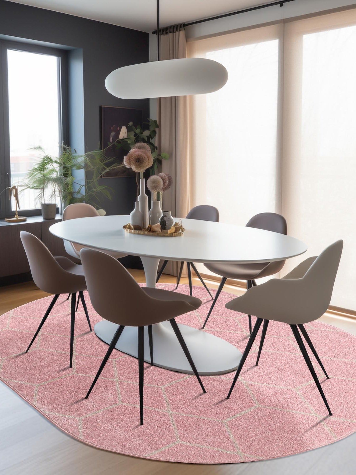 Light Pink 3' 1 x 5' 3 Trellis Frieze Oval Area Rug Geometric Modern Unique Stain Resistant Easy Clean Carpet for Living, Dining, Bedrooms, Office for Sale at Rug Engine