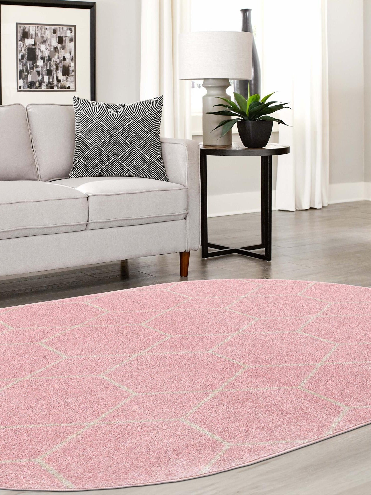 Light Pink 7' 10 x 10' Trellis Frieze Oval Area Rug Geometric Modern Unique Stain Resistant Easy Clean Carpet for Living, Dining, Bedrooms, Office for Sale at Rug Engine