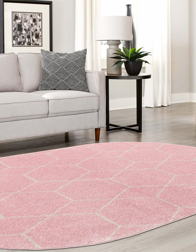 Light Pink 3' 1 x 5' 3 Trellis Frieze Oval Area Rug Geometric Modern Unique Stain Resistant Easy Clean Carpet for Living, Dining, Bedrooms, Office for Sale at Rug Engine