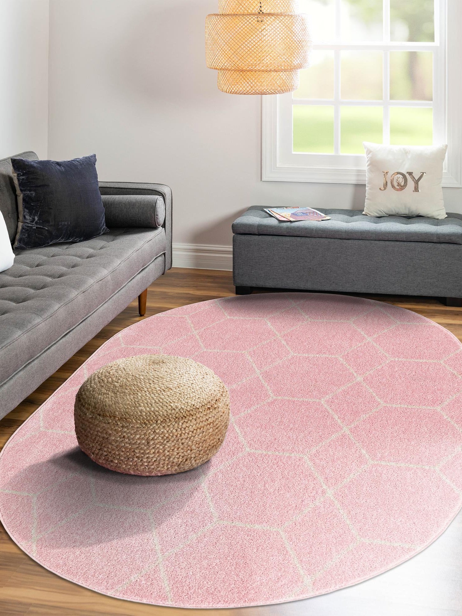 Light Pink 3' 1 x 5' 3 Trellis Frieze Oval Area Rug Geometric Modern Unique Stain Resistant Easy Clean Carpet for Living, Dining, Bedrooms, Office for Sale at Rug Engine