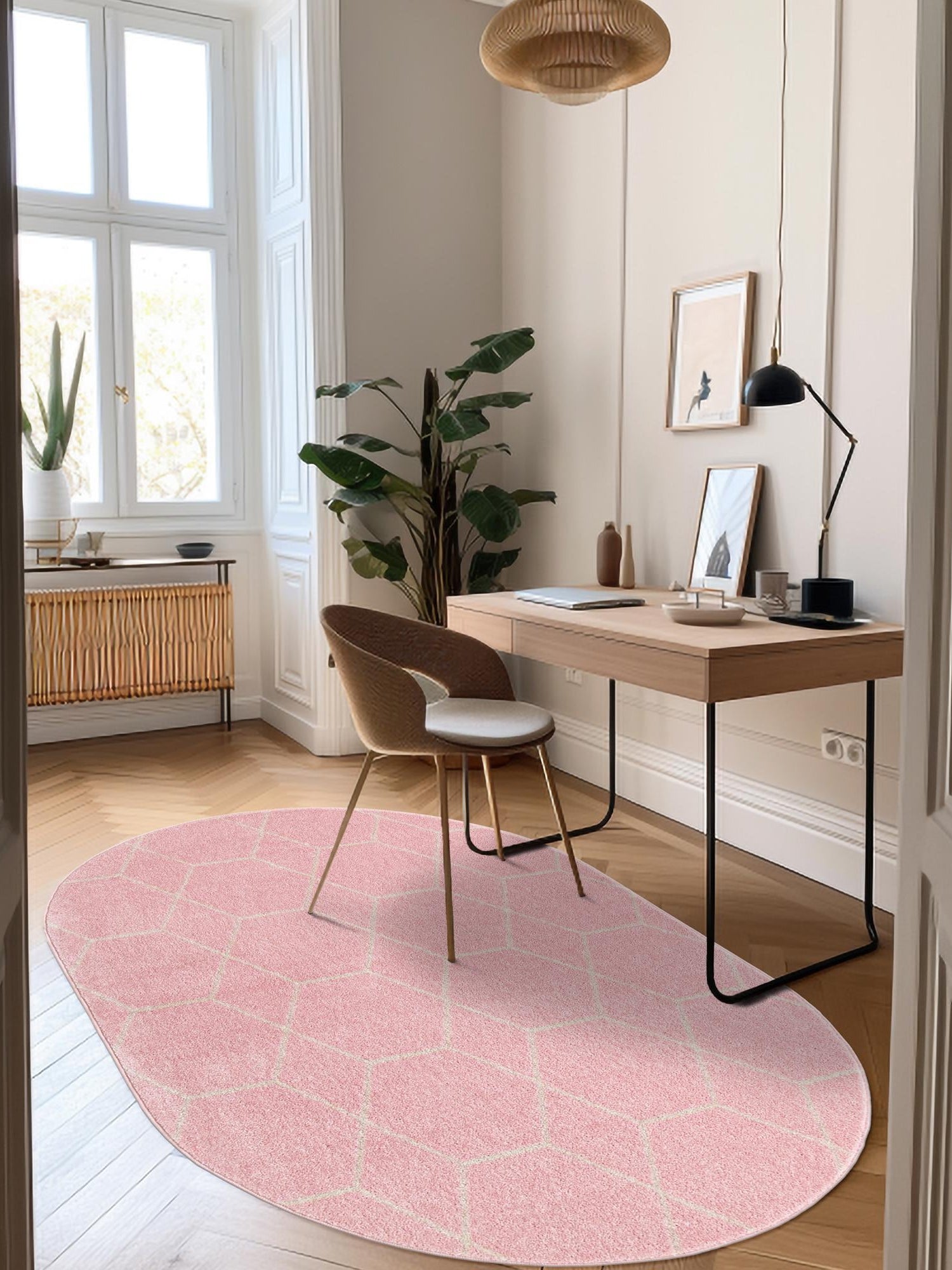 Light Pink 3' 1 x 5' 3 Trellis Frieze Oval Area Rug Geometric Modern Unique Stain Resistant Easy Clean Carpet for Living, Dining, Bedrooms, Office for Sale at Rug Engine
